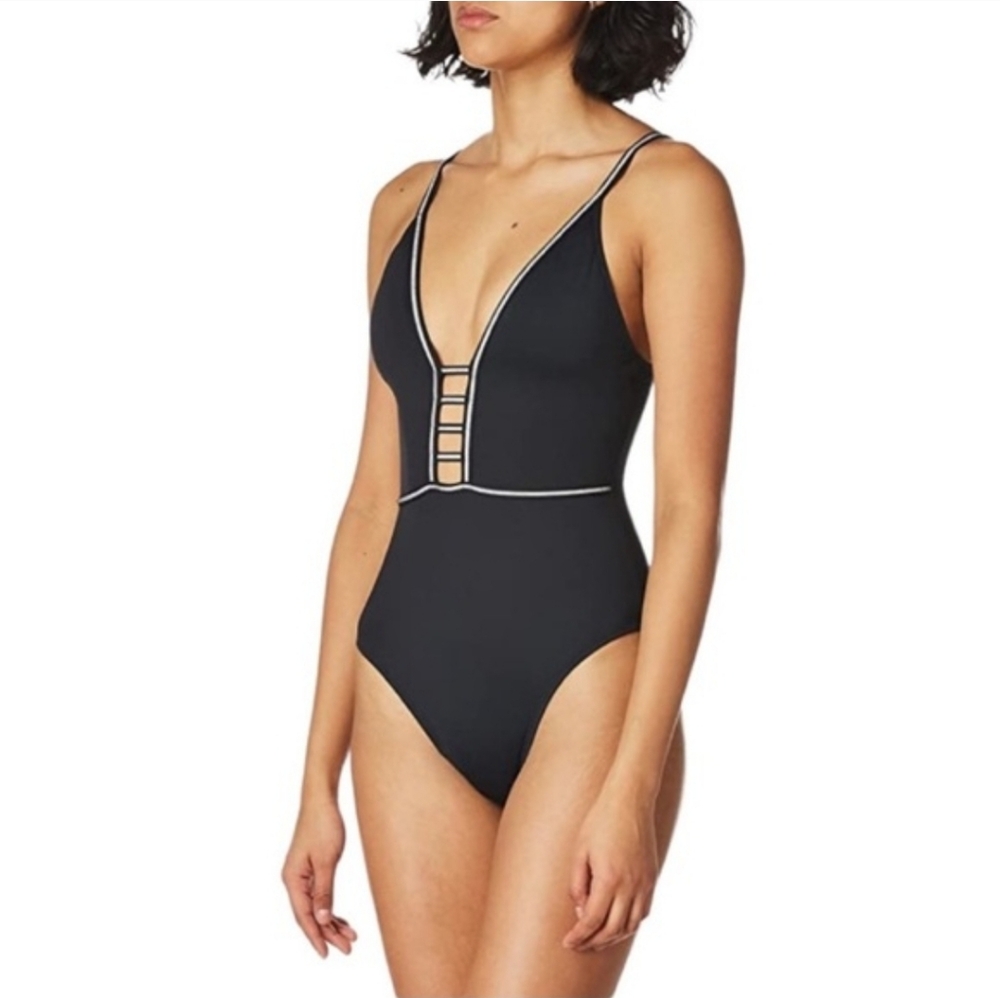 La Blanca Zig & Zag Plunging Mio One-Piece Swimsuit Black White 8
